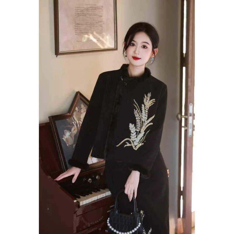 苏故里【墨锦凝芳】新款冬季加绒加厚两件套改良版旗袍日常高贵气质