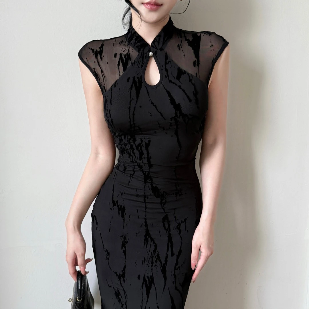 黑色高级感改良版新中式提花旗袍连衣裙2025新款气质修身包臀长裙