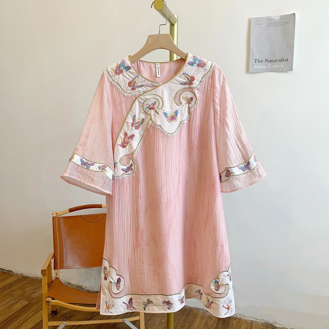 彩蝶翩翩Y2954晕染刺绣亮片蕾丝边圆领短袖衬衫