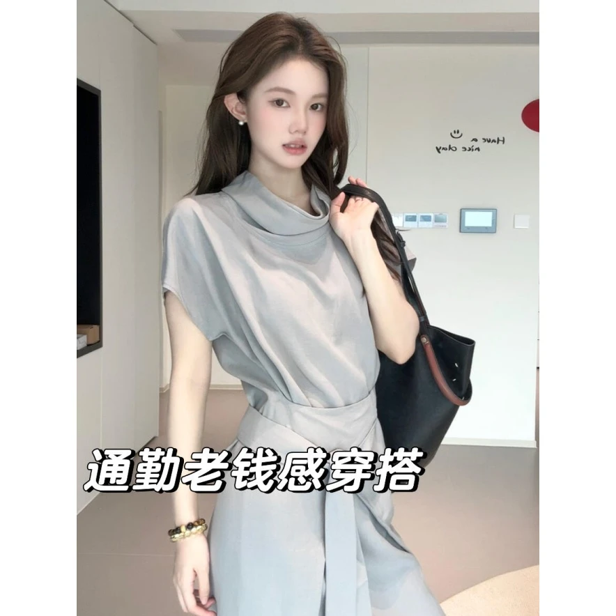 轻奢高级感通勤老钱风荡领短袖连衣裙女时尚简约绑带收腰气质长裙