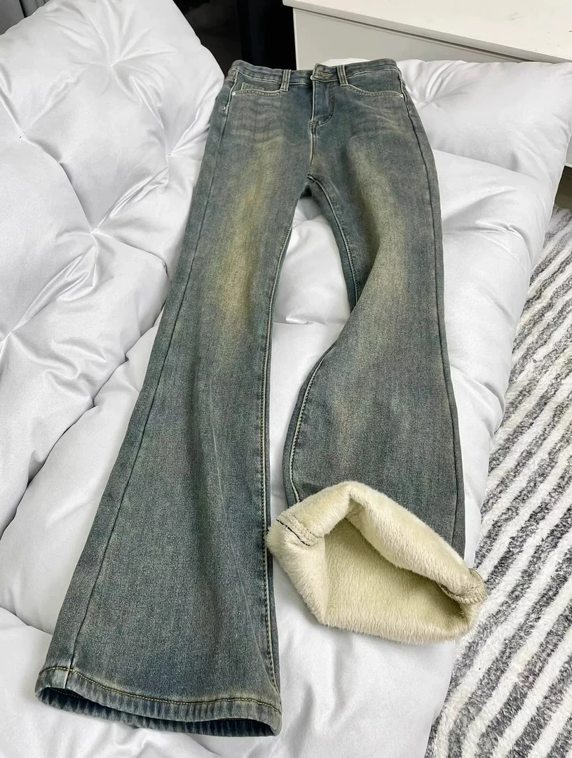 【佳】【孤品】2025秋冬新款高腰百搭修身显瘦喇叭加绒牛仔裤