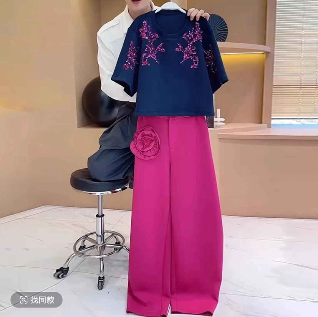 欧货复古时尚别致高级感独特圆领亮片设计感宽松短袖T恤女装套装