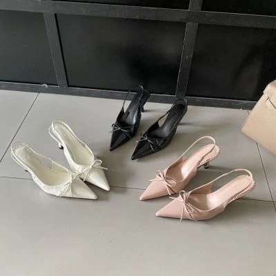 法式尖头蝴蝶结高跟鞋2025年春夏浅口后空气质包头中跟女时装凉鞋