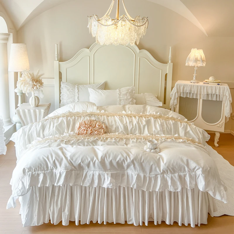 【真珍】维密系列 全棉纯棉法式公主风纯色全棉绣花床裙款四件套