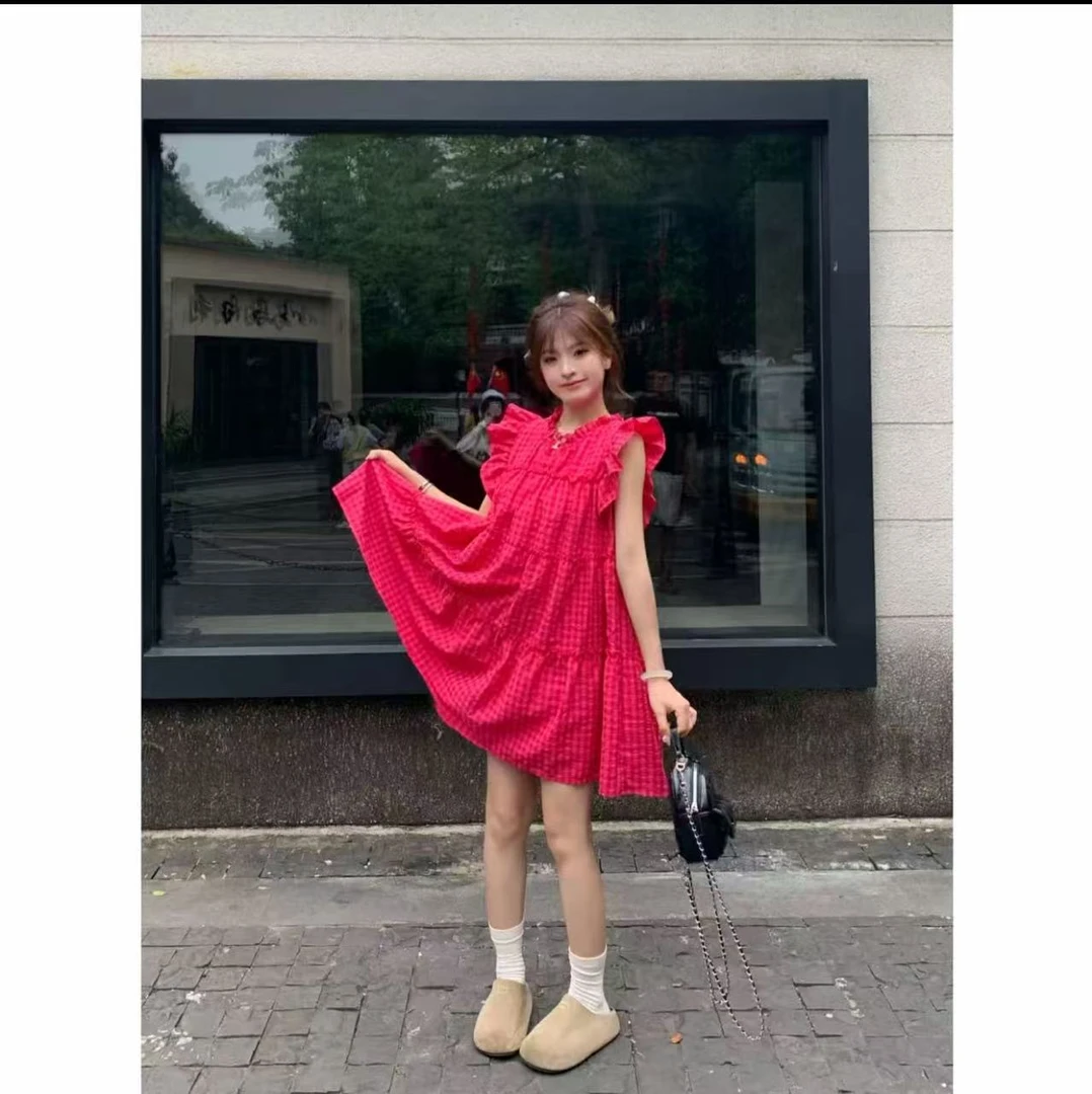 法式玫红火龙果色格子荷叶木耳边小飞袖直筒连衣裙女2025夏季新款