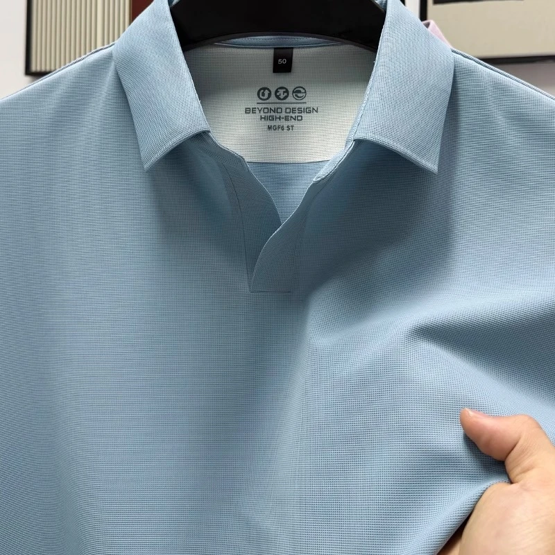 基密雷昂夏季冰丝男士短袖T恤翻领小华夫格无痕海鸥领polo衫宽松T