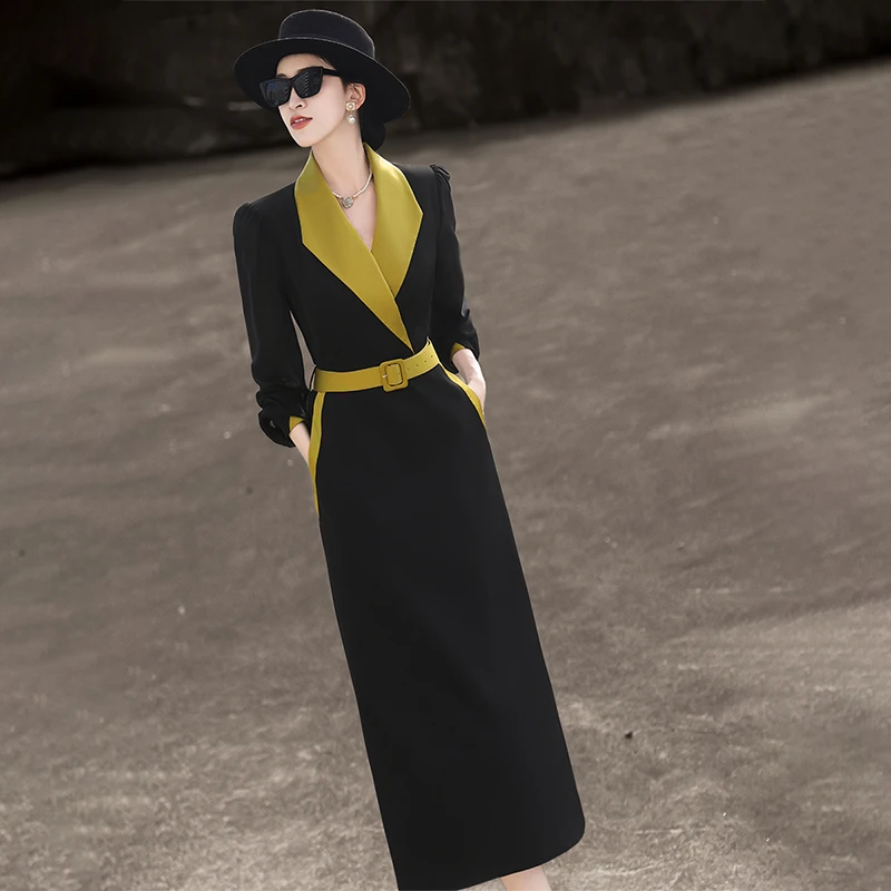 MEXCOCO/兰瑟儿春季新款气质大气通勤撞色拼接收腰连衣裙M4QL2277