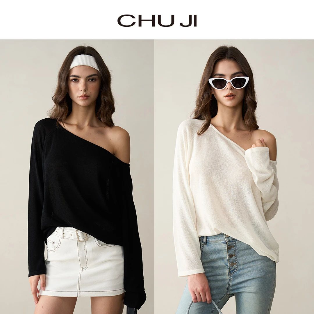 Chuji/出迹夏季薄款蝙蝠袖斜领罩衫新款微透宽松长袖上衣-E1N006M