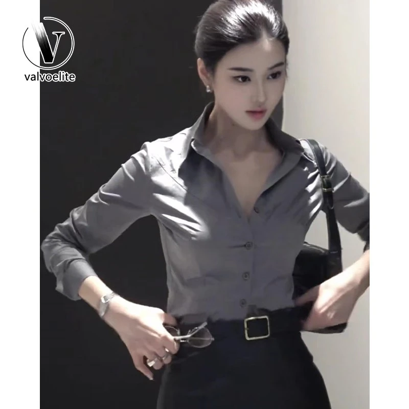 VALVOELITE灰色衬衫女新款高级感通勤秋修身显瘦气质女款缎面衬衫