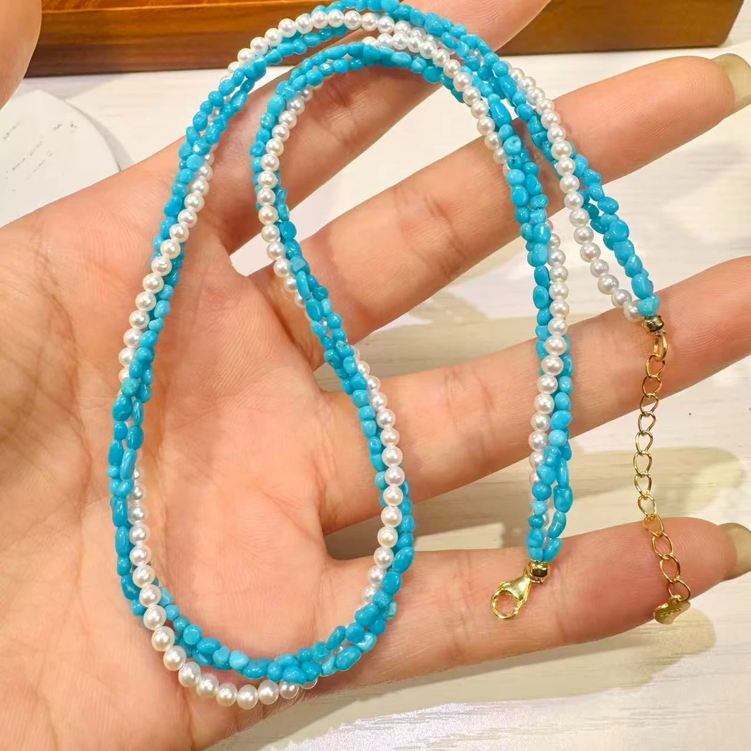 【姣儿珠宝】美松石随型2条+淡水极光珍珠DIY手工拧三股项链珠串