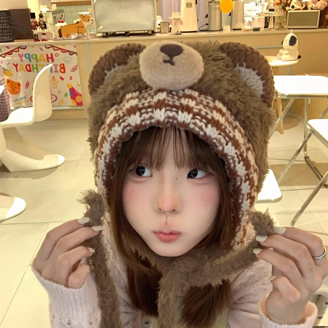 范哲萨韩版卡通可爱小熊耳朵毛绒帽秋冬显脸小加厚保暖护耳系带雷