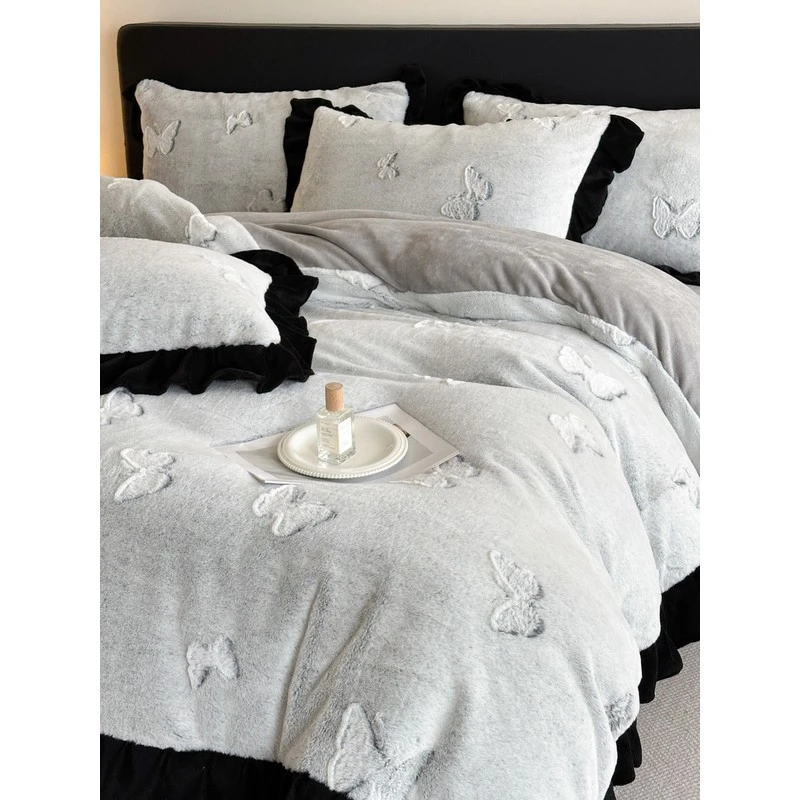 水星高端系列家纺加厚秋冬季毛绒立体蝴蝶雕花绒牛奶绒四件套被套