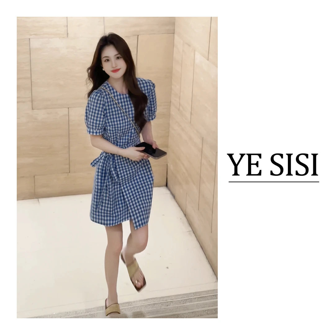 [YESISI]"蓝格暮色"法式夏季圆领复古蓝格子系带显瘦中长款a字裙