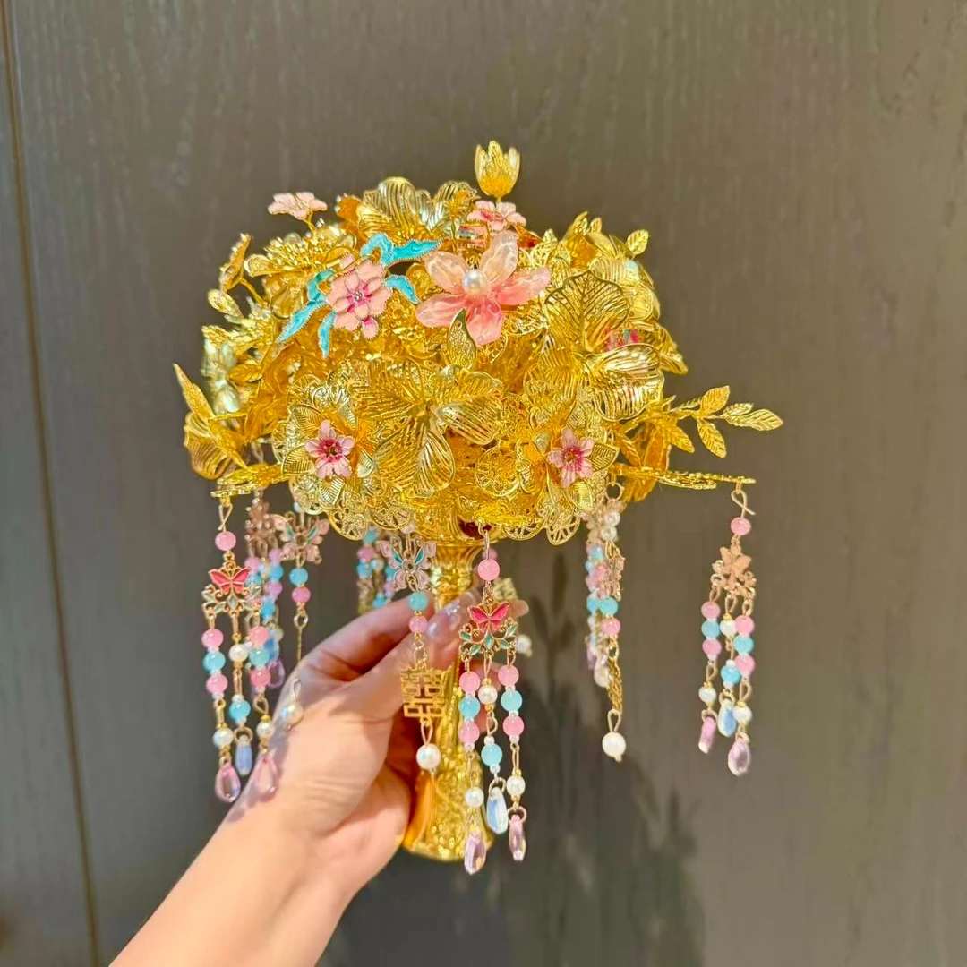 粉金色手捧花diy材料包手工花束中式嫁衣新娘新婚送闺蜜结婚礼物