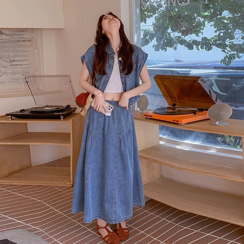 设计感小众牛仔衬衫时尚套装女2025夏季新款高腰显瘦半身裙两件套