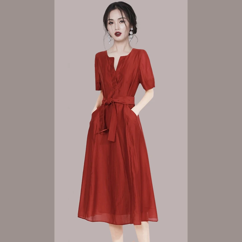 红色V领超好看连衣裙女中长款2025年夏季新款收腰显高A字裙子