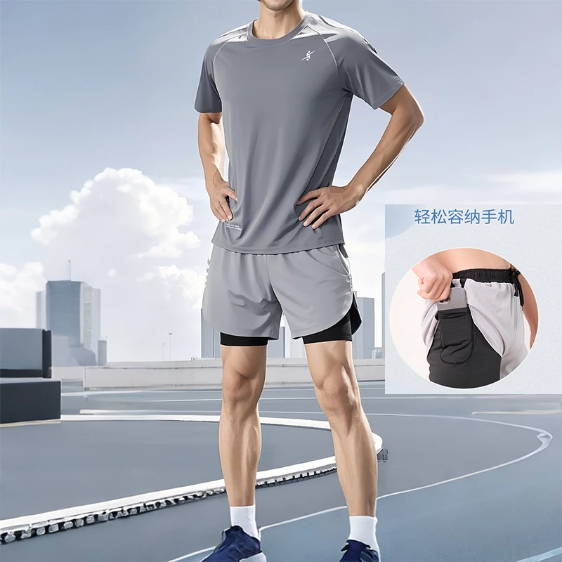 冰丝网孔运动短袖速干短裤两件套吸汗透气健身服夏季修身跑步服男