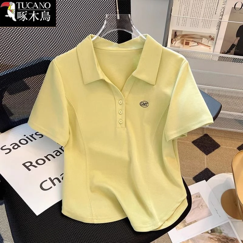 啄木鸟正品POLO领刺绣T恤女2025年新款小众设计纯色夏季薄款上衣