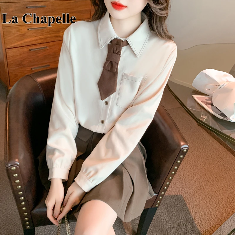 拉夏贝尔学院风领带衬衫女秋季设计感小众宽松长袖上衣叠穿衬衣潮