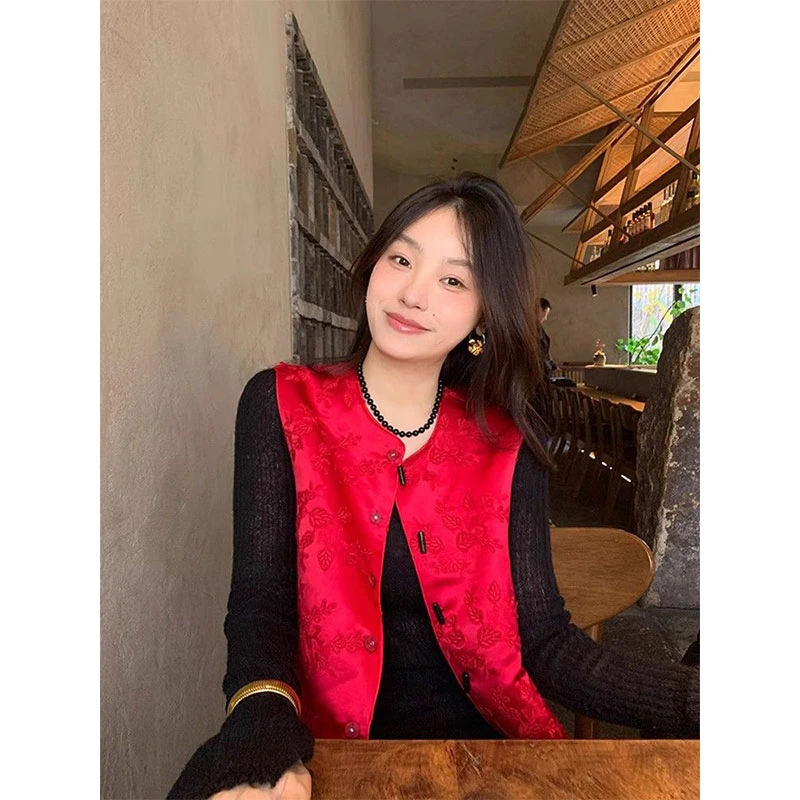 新中式复古提花气质坎肩马甲女春季新款妈妈装上衣本命年国风背心