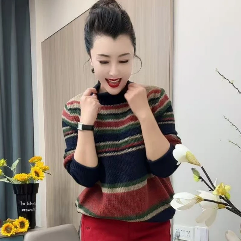 2787条纹衫秋冬百搭休闲复古宽松版女装半高领撞色显瘦针织衫