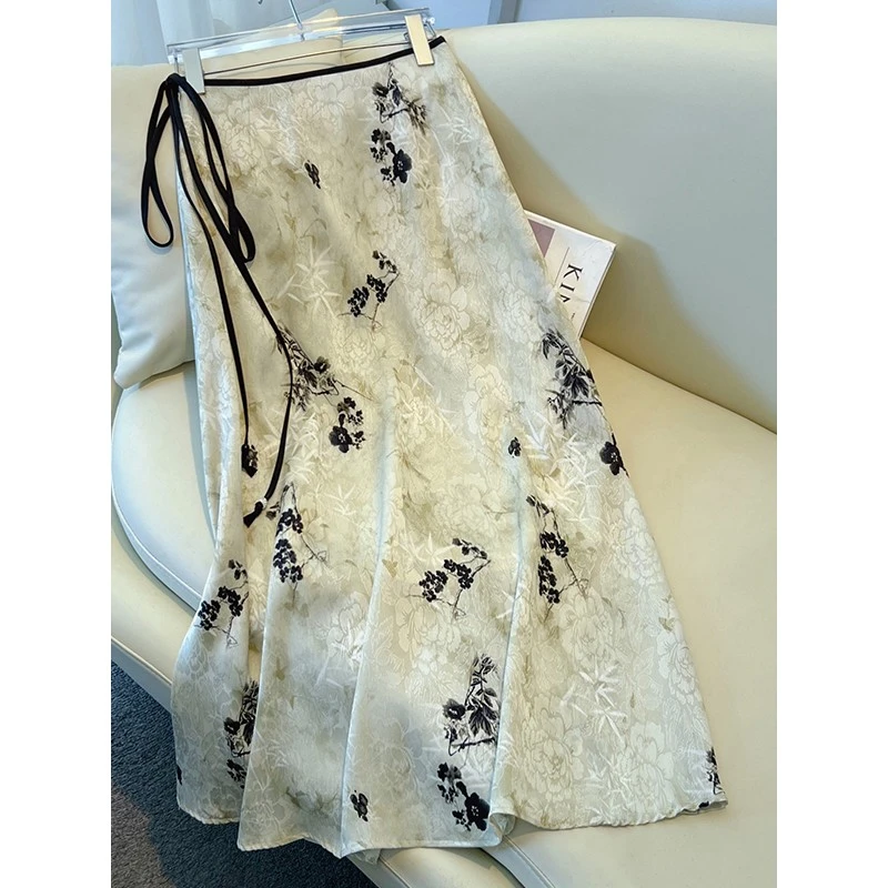 新中式缎面半身裙女夏季新款高腰垂感显瘦印花国风a字裙