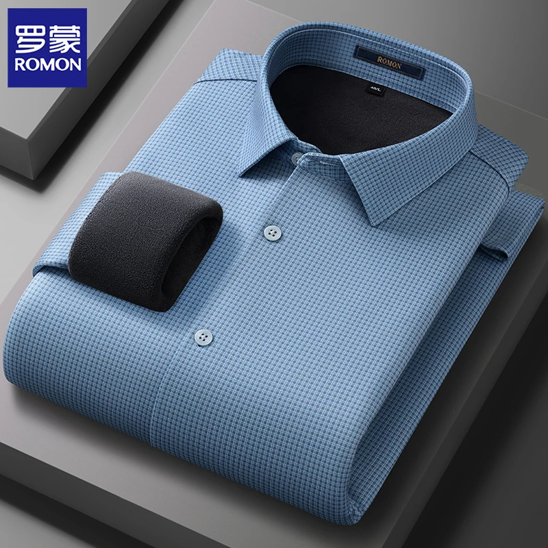 罗蒙莫代尔高档男士加绒衬衫秋冬季休闲长袖衬衣加厚爸爸商务男装