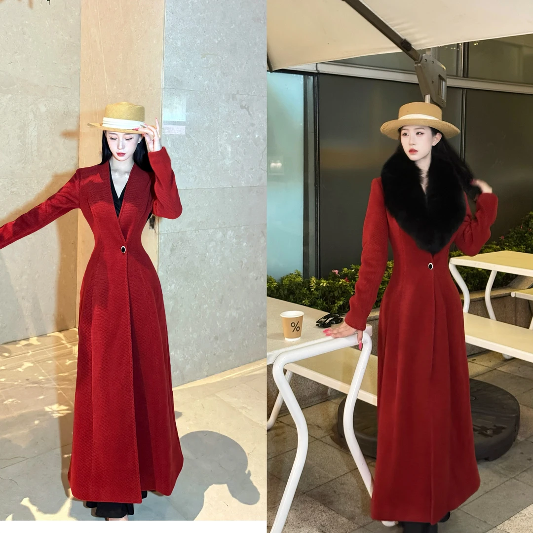画报夫人原创自制秋冬复古vintage显瘦A摆大衣 红色大衣