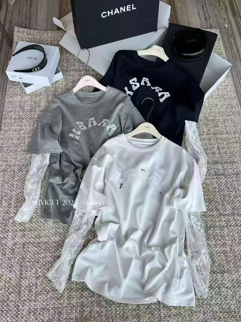 韩国东大门春季新款刺绣字母拼接蕾丝袖假两件上衣女宽松休闲T恤