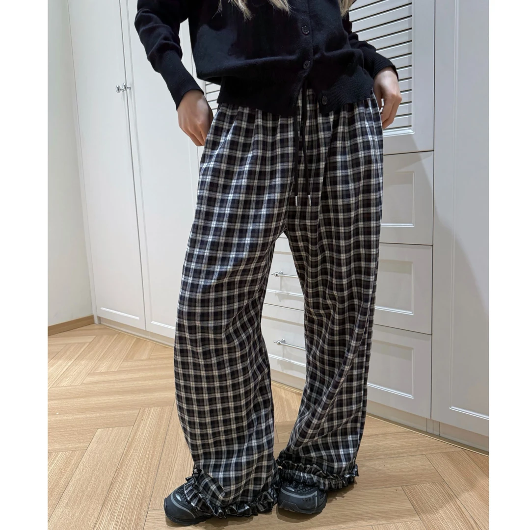 HELLOTANGO《格系恋曲》秋冬韩系格纹木耳花边加绒加厚休闲裤55772#