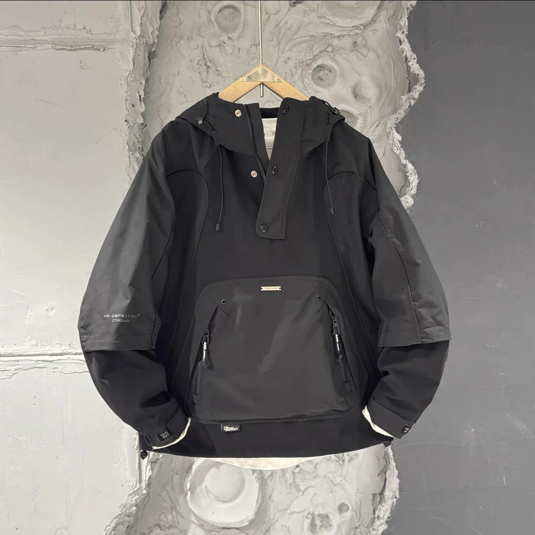 春季工装套头连帽外套男士休闲纯色针织拼接大口袋半拉链夹克上衣