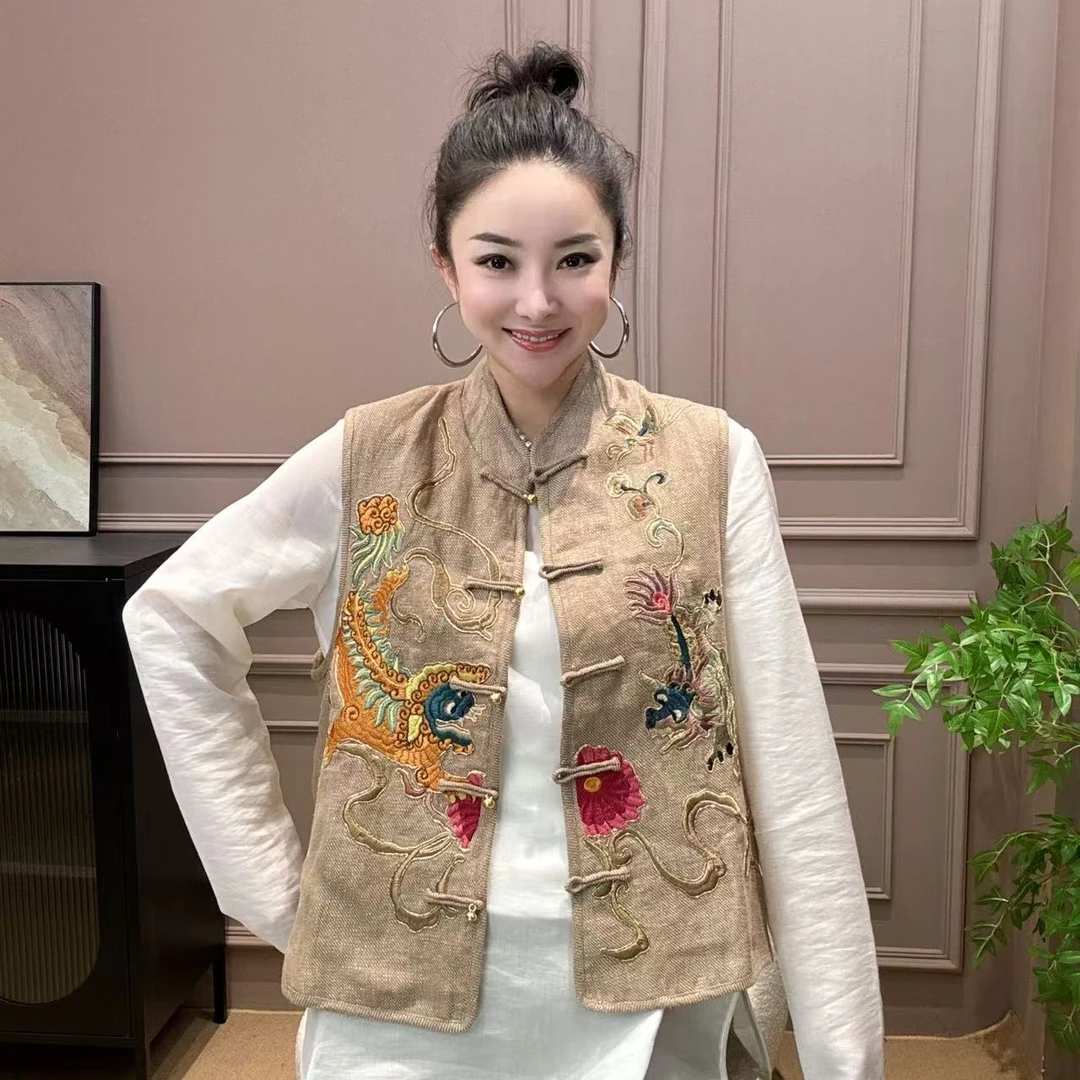 【元素家】“金麒麟”初春新款金丝麻刺绣马甲10032