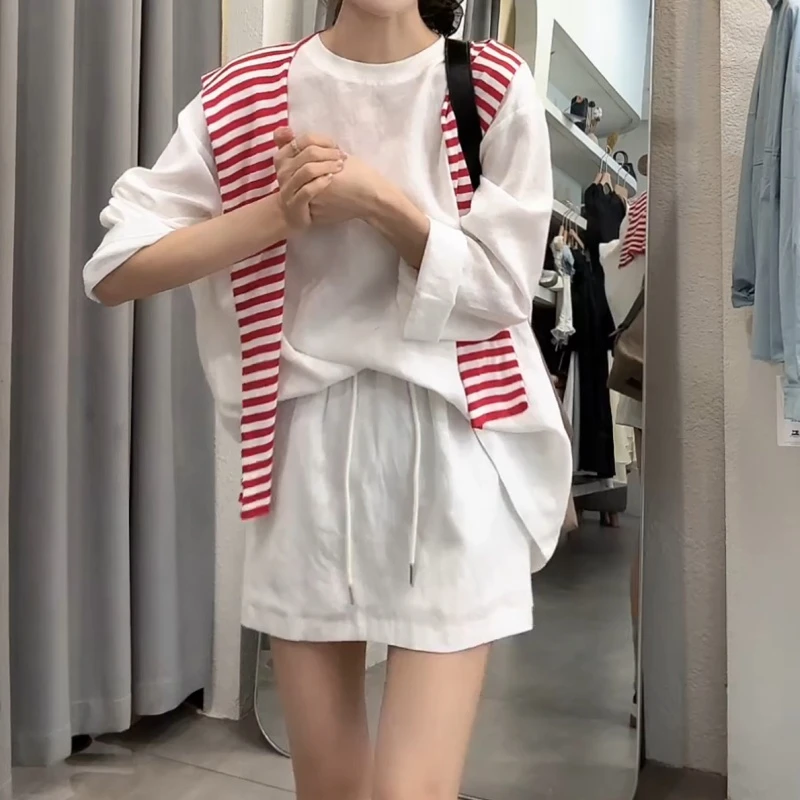 【三件套】新款时尚百搭韩版条纹披肩上衣短裙休闲套装LK2503228