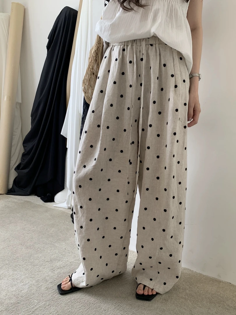 1990裳江南【波点裤】亚麻直筒裤夏显瘦舒适休闲百搭风格裤子裤长93