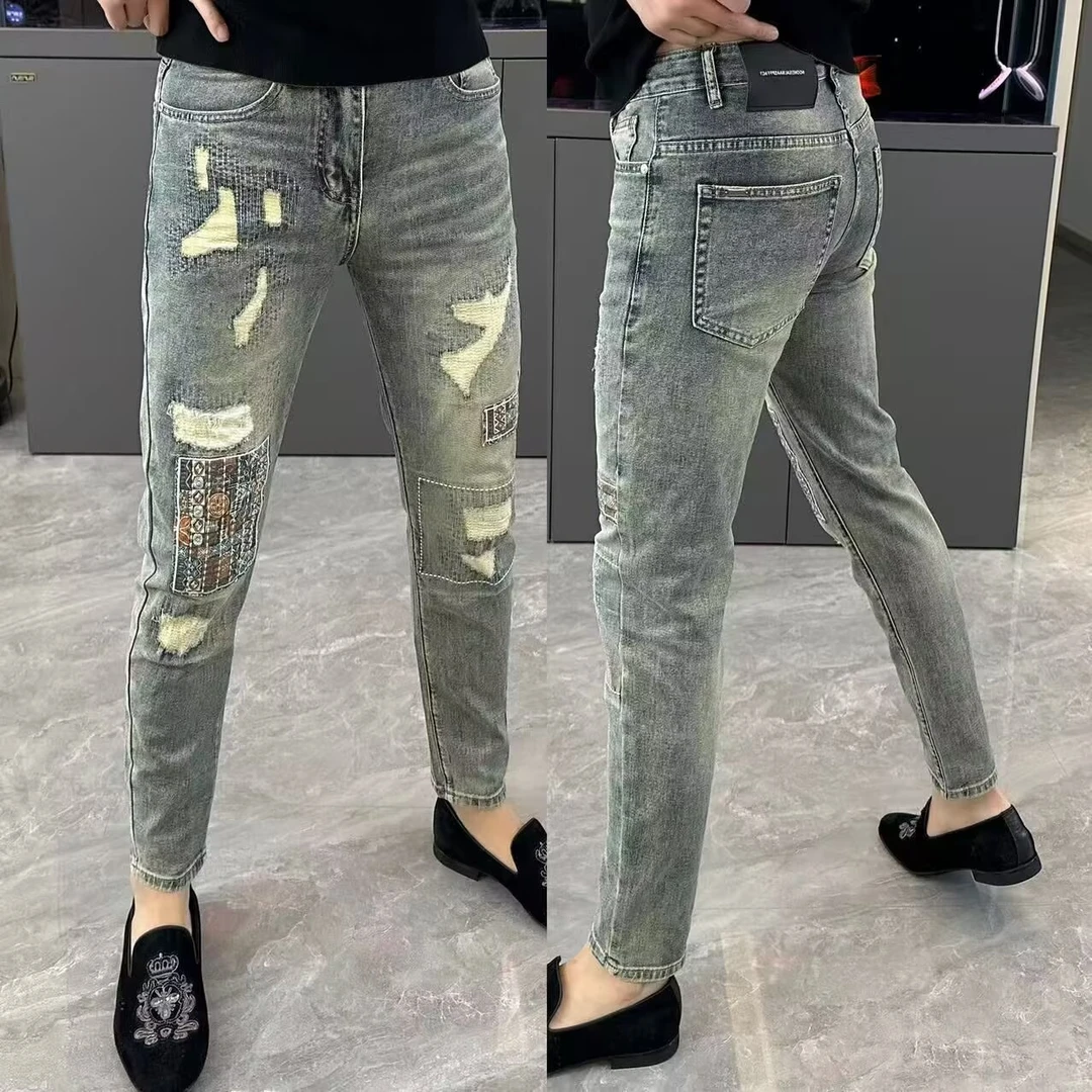 复古水洗牛仔裤男款春季时尚修身休闲百搭破洞补丁潮流小脚裤男士