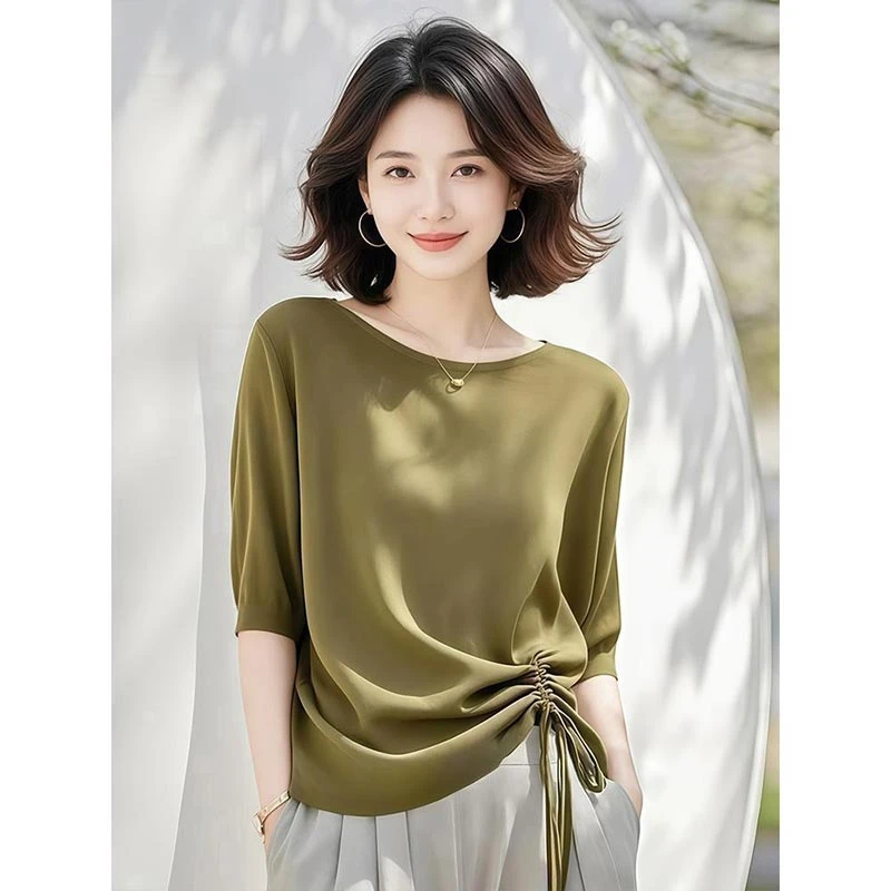 2025春夏韩式新款橄榄绿小众设计感圆领短袖T恤女百搭休闲风上衣