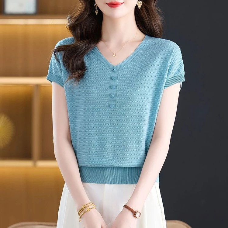 POLO领 夏季薄款气质女士短袖T恤2025新款时尚减龄好看针织衫女