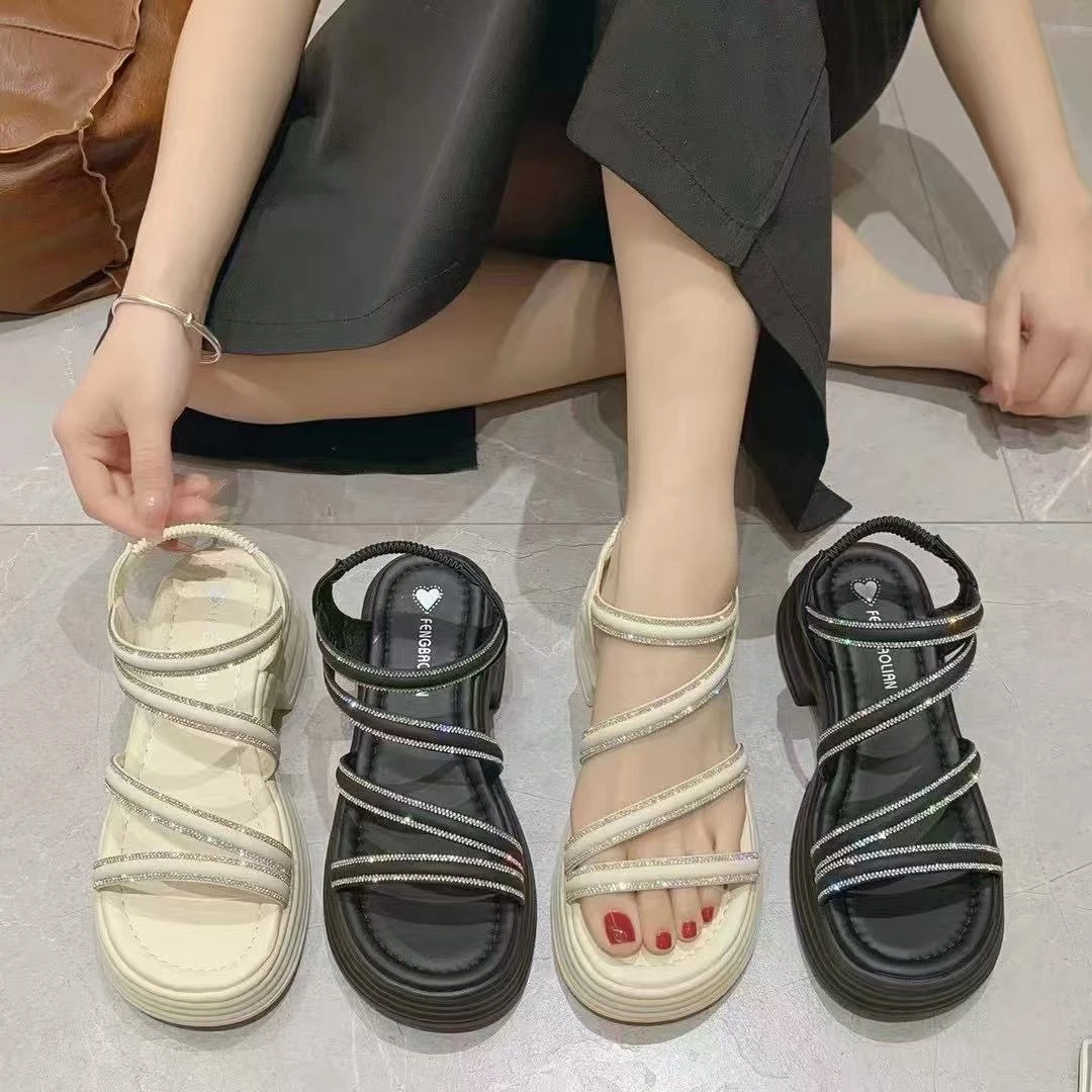 粗跟时尚夏季新款水钻厚底高级感外穿法式凉鞋9828(凉鞋)