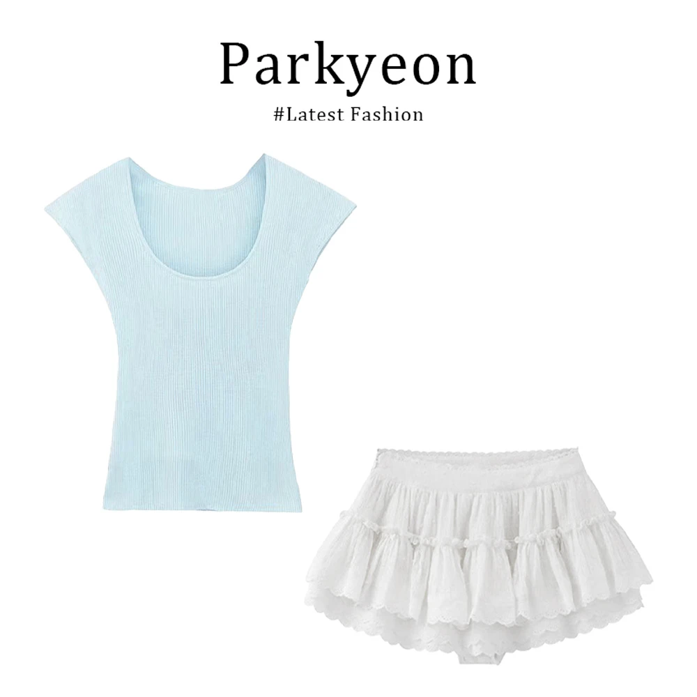 parkyeon韩系穿搭修身显瘦针织短袖上衣甜辣百搭短裙夏季两件套女