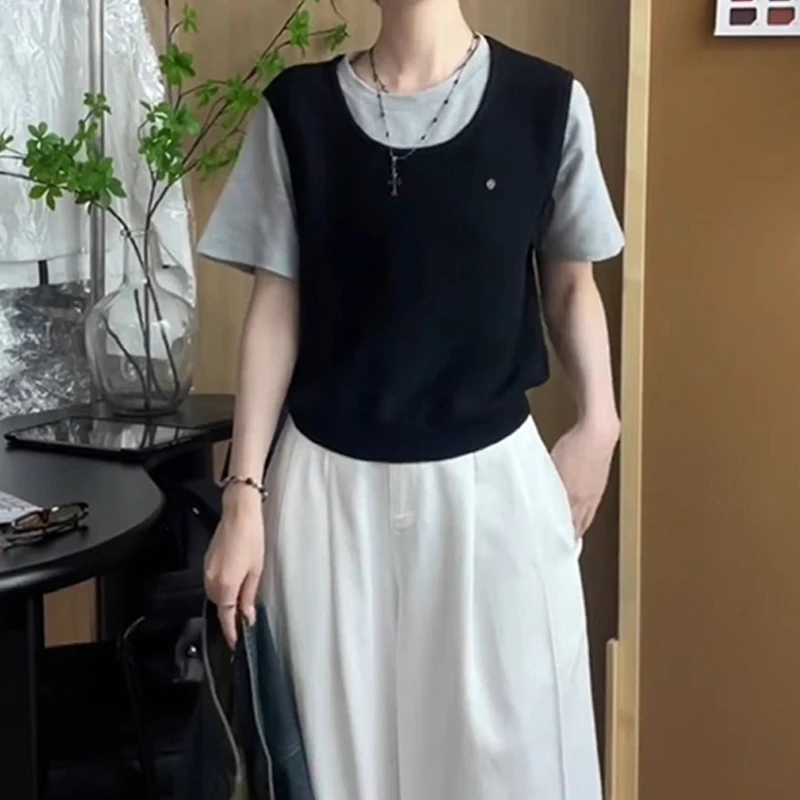 胖MM大码女装巨显瘦短袖正肩t恤2025新款韩系气质圆领假两件上衣