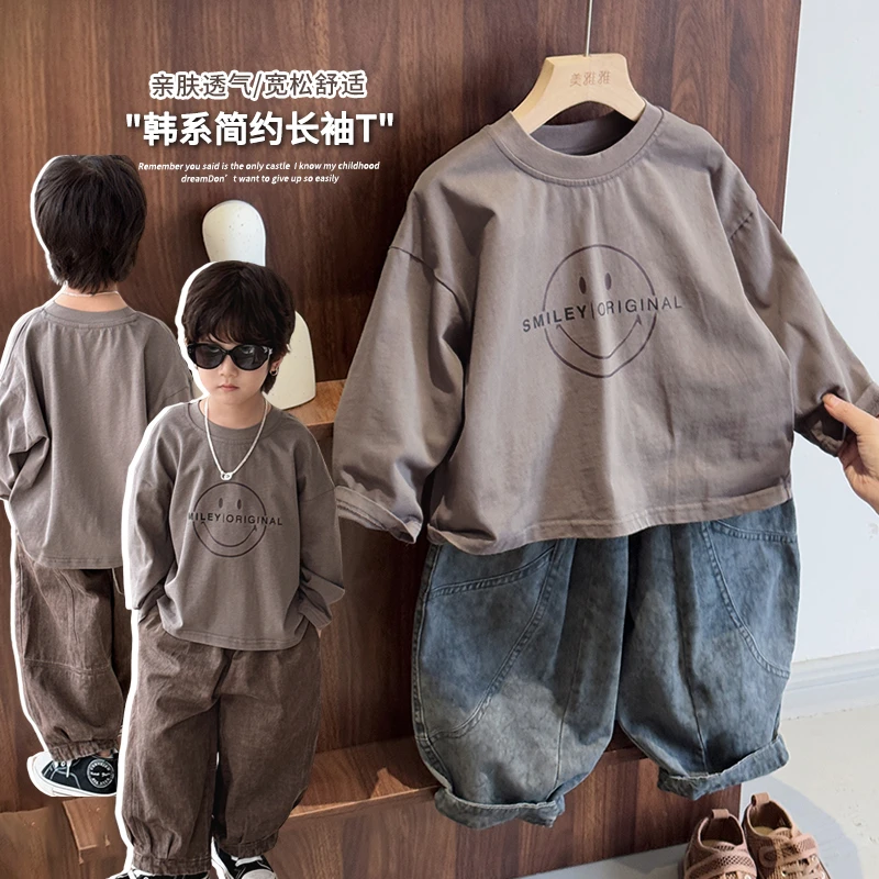 《春上新》韩版儿童春装T恤新款男童女童24QT275插肩袖休闲笑脸上衣
