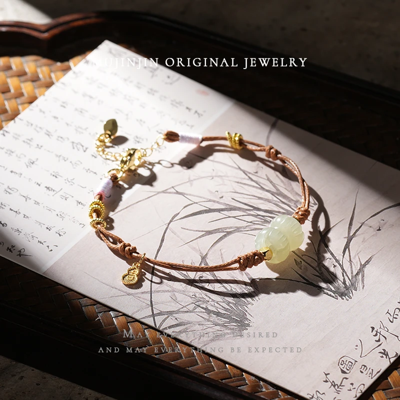 【木槿槿 槿选】天然和田玉并蒂莲手链女款百搭简约设计款珠宝饰品