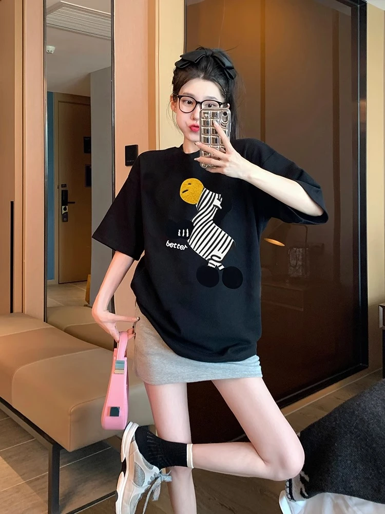 21支纯棉210克100%棉短袖T恤女宽松大码印花