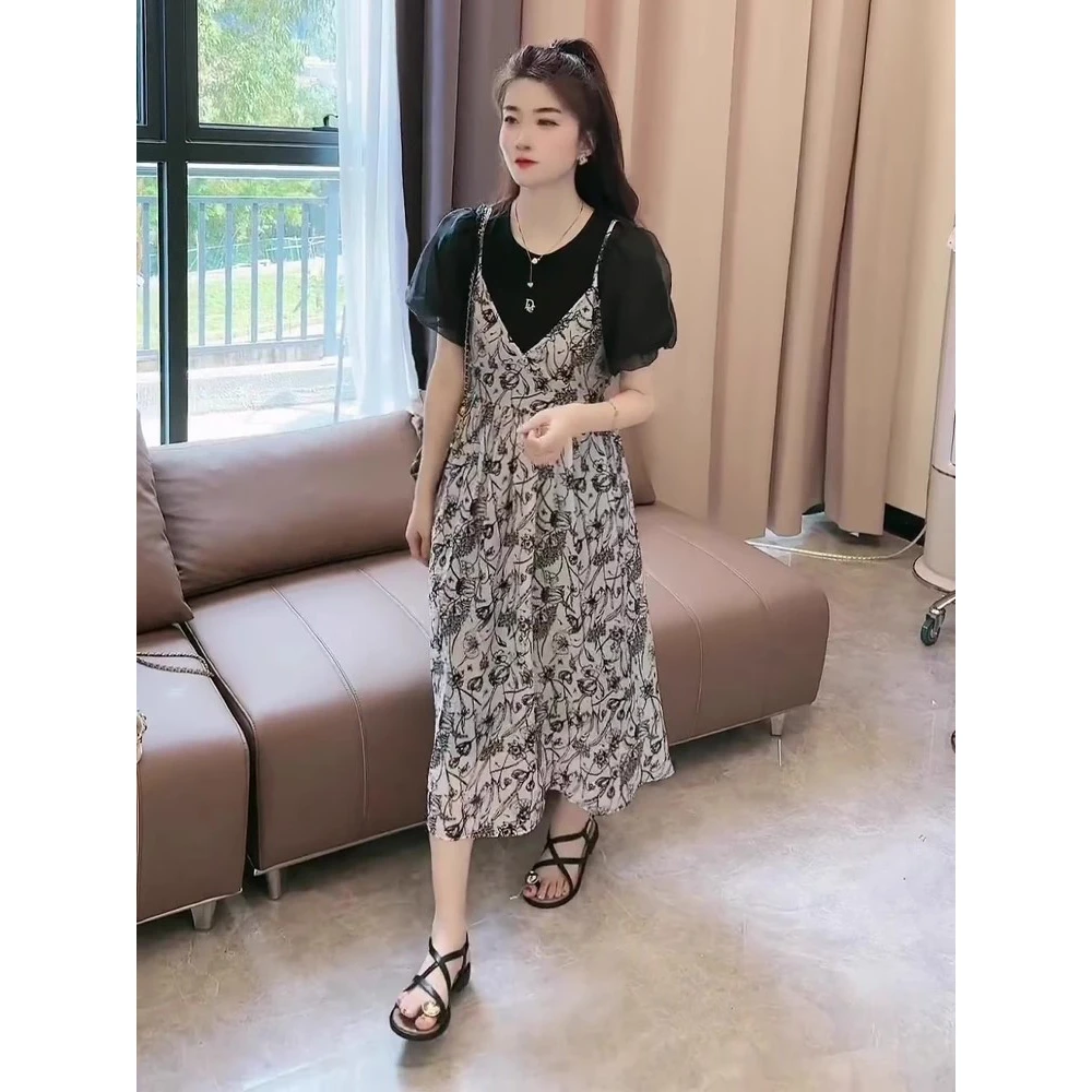 假两件吊带连衣裙女短袖T恤休闲裙2025年夏季新款泡泡袖休闲裙子