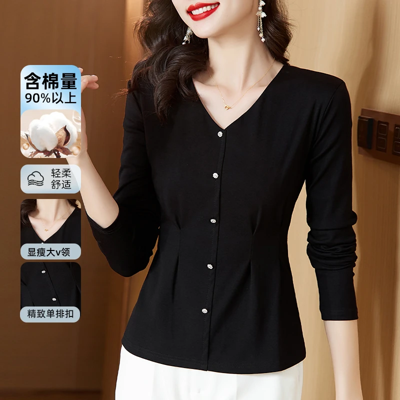 V领长袖t恤打底衫女2025春季显瘦黑色爆款洋气减龄精致设计感上衣