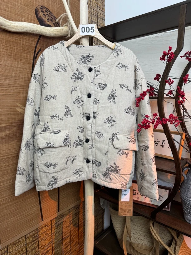 （反季清仓）亚麻数码印花一粒盘扣棉服（衣长62 胸围140)