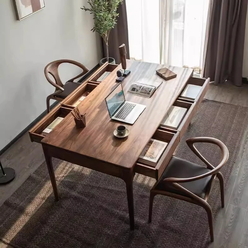 北欧简约黑胡桃木书桌实木长方形书桌双人抽屉工作台