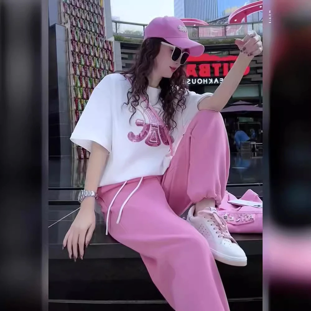 运动休闲两件套女短袖长裤新款套装夏季宽松刺绣CE亮片简约大气
