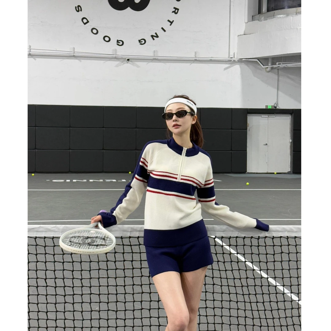 2025春秋新款美式复古撞色半开领针织上衣高腰显瘦百搭休闲短裤女