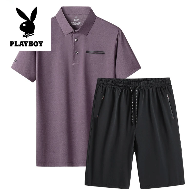 花花公子爸爸夏装短袖t恤男士夏季冰丝速干polo衫中老年运动套装
